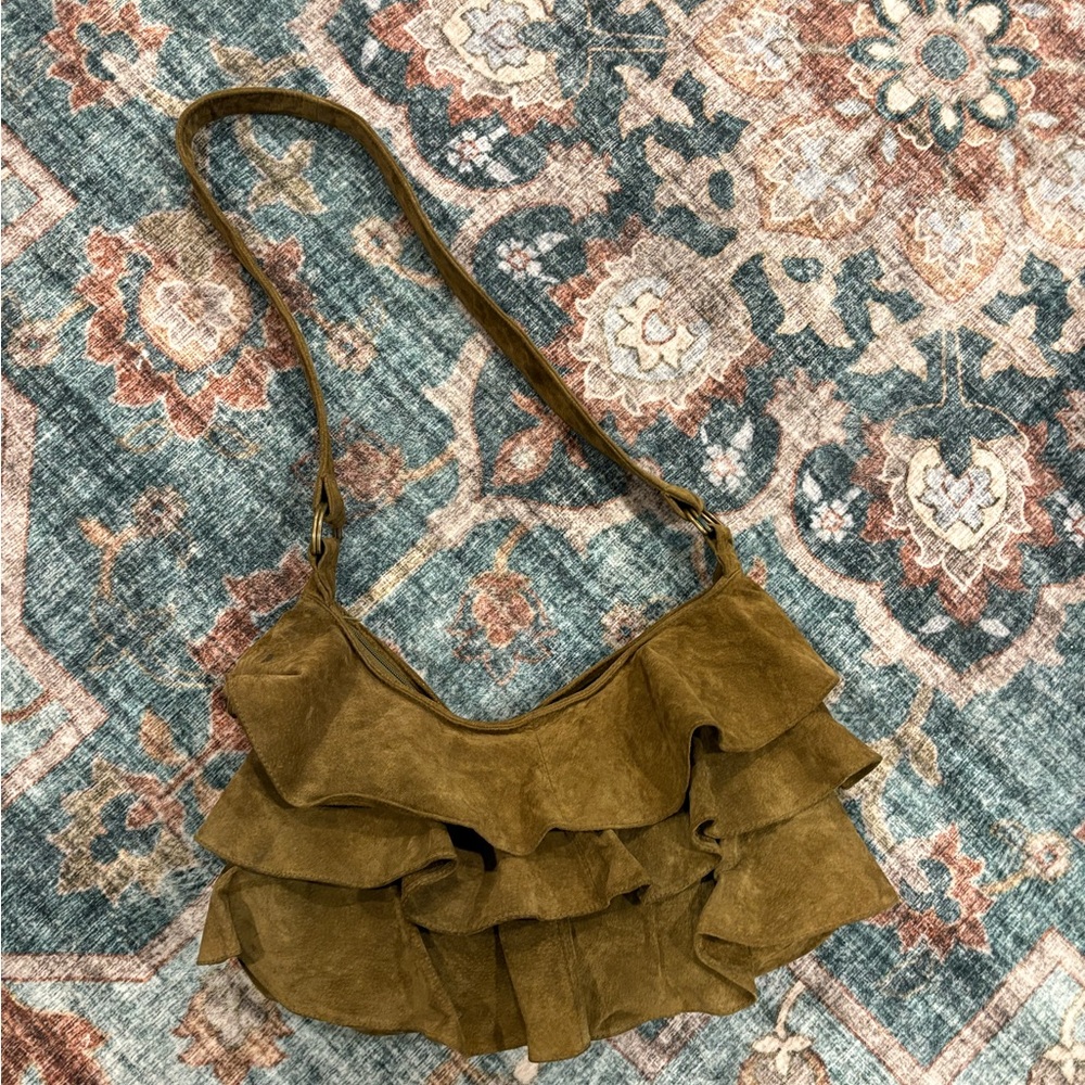 Olive suede ruffled hobo bag